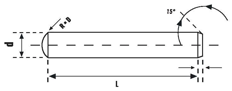 MS핀 도면 — d 지름, R=D 라운드, 15° 모따기, L 길이